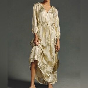 Anthropologie Shruti Sancheti Tie Nexk Maxi Dress Size XS in Gold